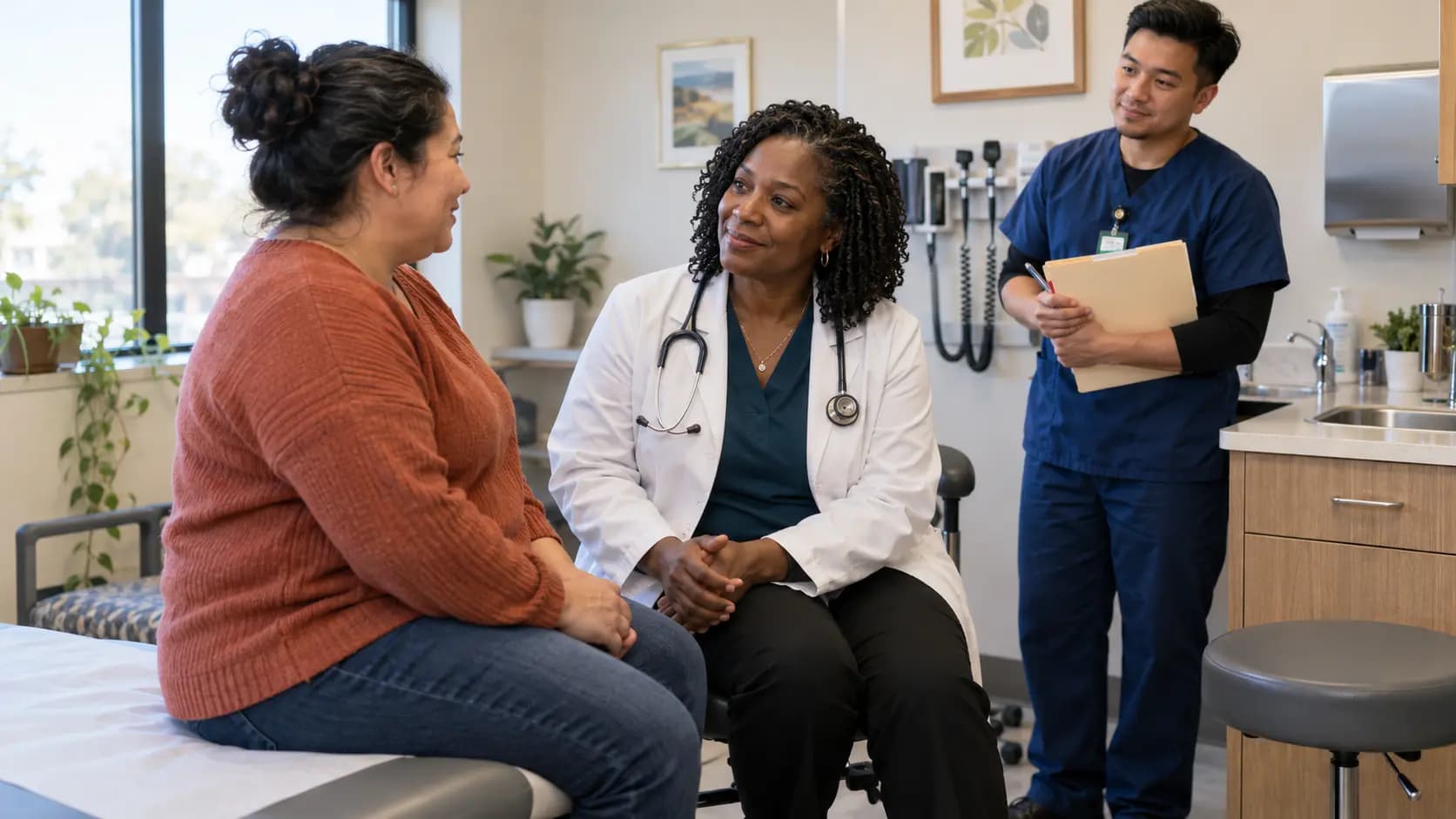 Family Medicine clinician and patient sharing a warm, attentive moment in a clinic