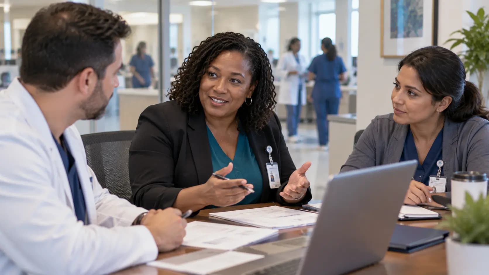 Healthcare finance and operations leaders discussing a practical next step Healthcare finance and operations leaders discussing a practical next step