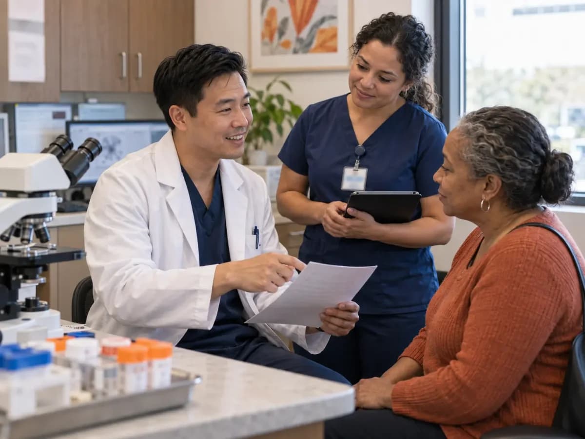 Pathology clinician and patient sharing a warm, attentive moment in a clinic
