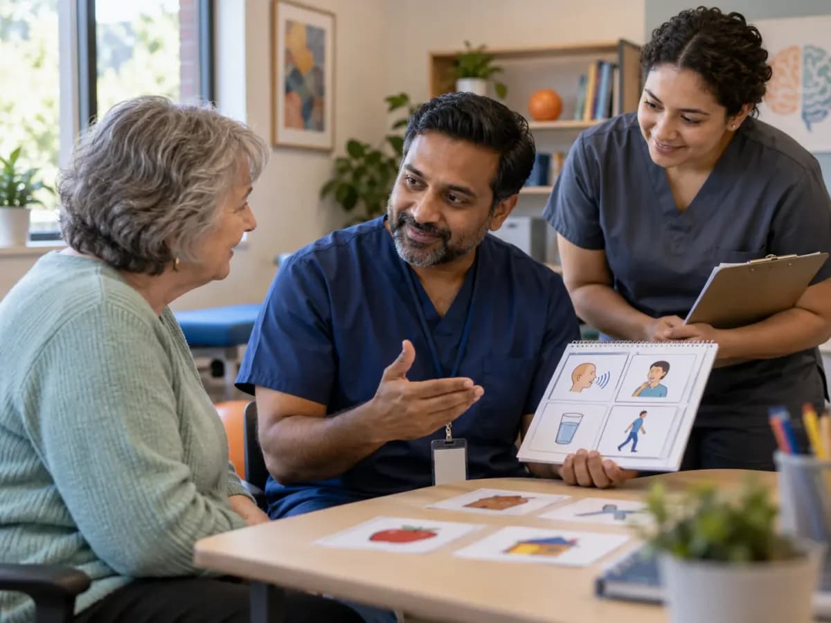 Speech Therapy clinician and patient sharing a warm, attentive moment in a clinic