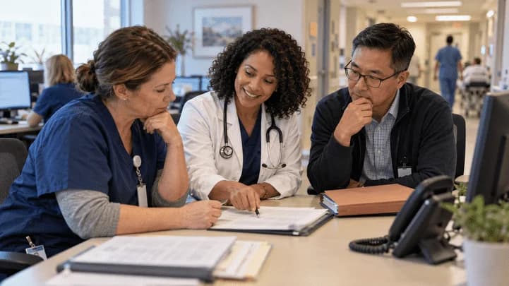 Physician advisor and utilization nurse reviewing documentation together