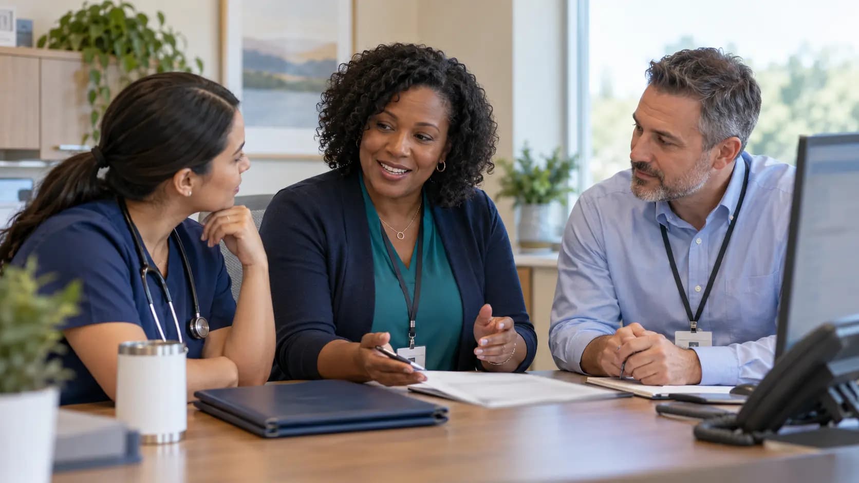Practice manager and clinician reviewing payer requirements with a specialist
