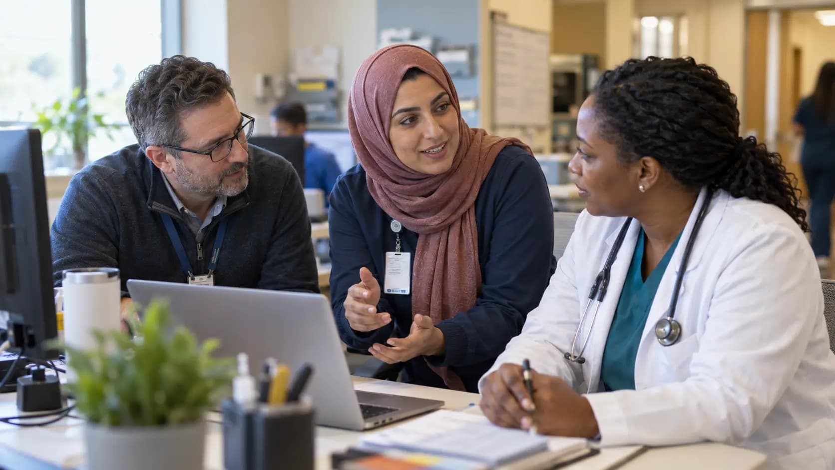 Clinician and informatics specialists collaborating at a normal workstation