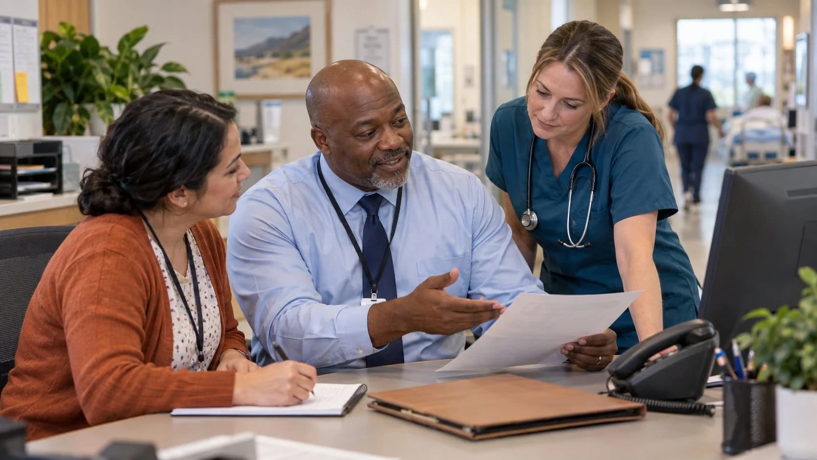 Patient-access coordinator and clinician resolving an authorization issue