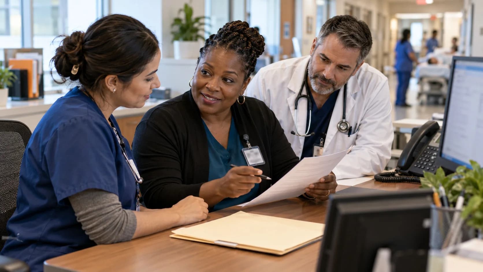 Patient-access coordinator and clinician resolving an authorization issue