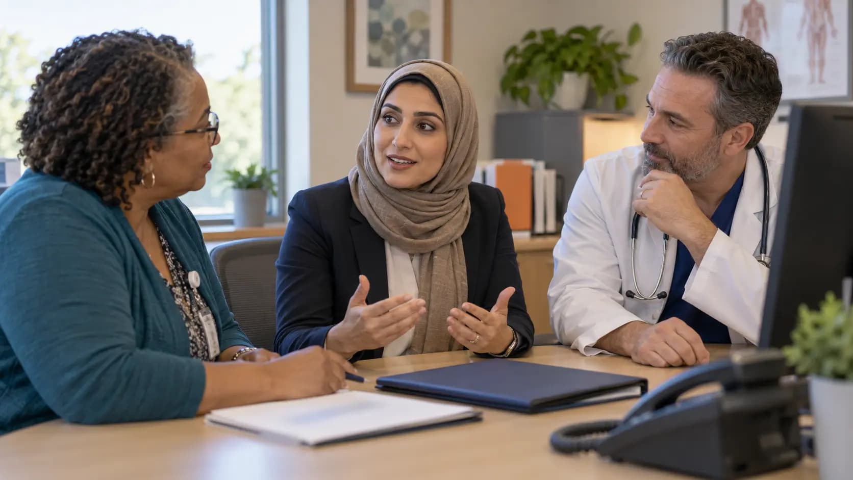 Practice manager and clinician reviewing payer requirements with a specialist