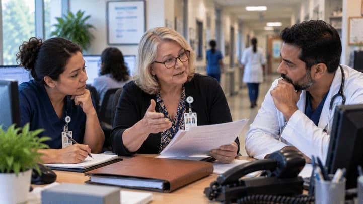 Patient-access coordinator and clinician resolving an authorization issue