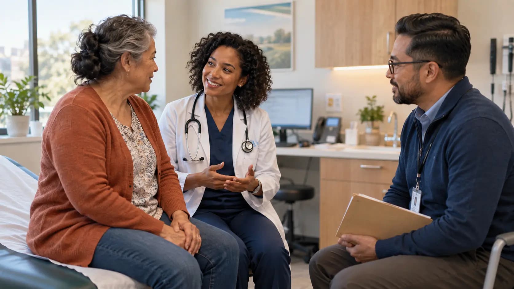 Clinician, patient, and healthcare colleague sharing a warm clinic interaction Clinician, patient, and healthcare colleague sharing a warm clinic interaction