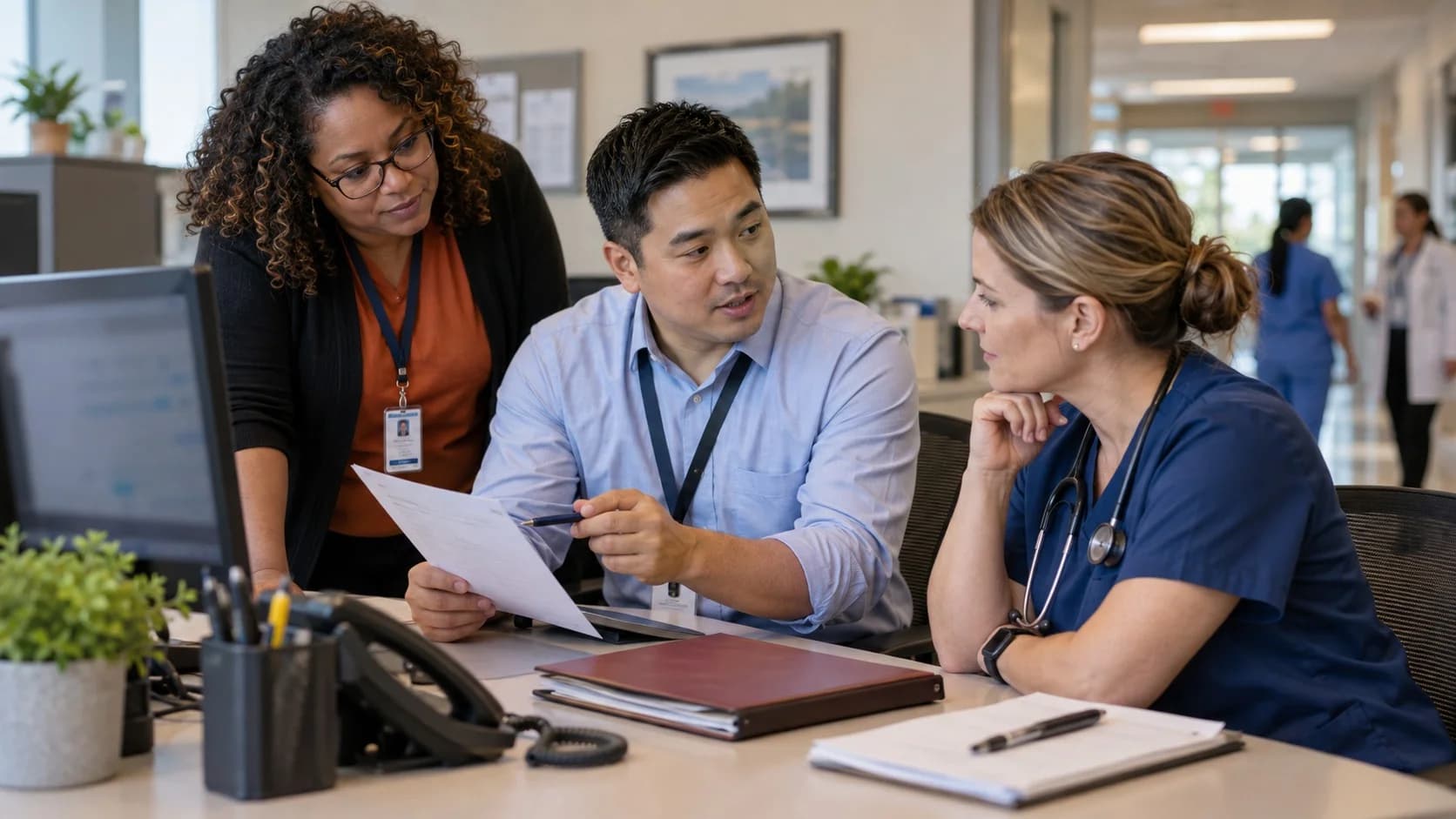 Denial-resolution specialist and clinician reviewing a claim together