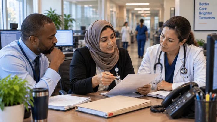 Denial-resolution specialist and clinician reviewing a claim together