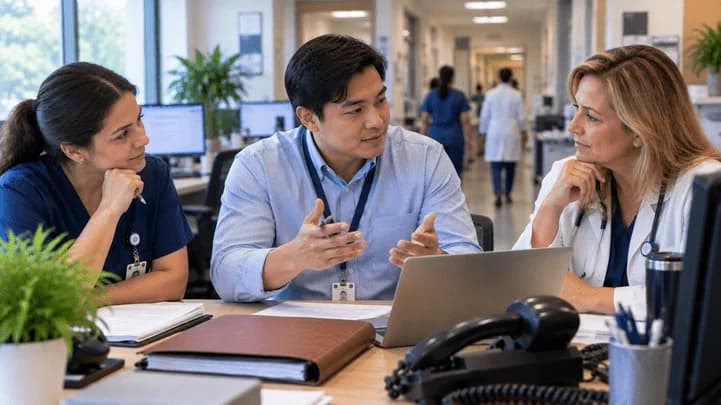 Denial-resolution specialist and clinician reviewing a claim together