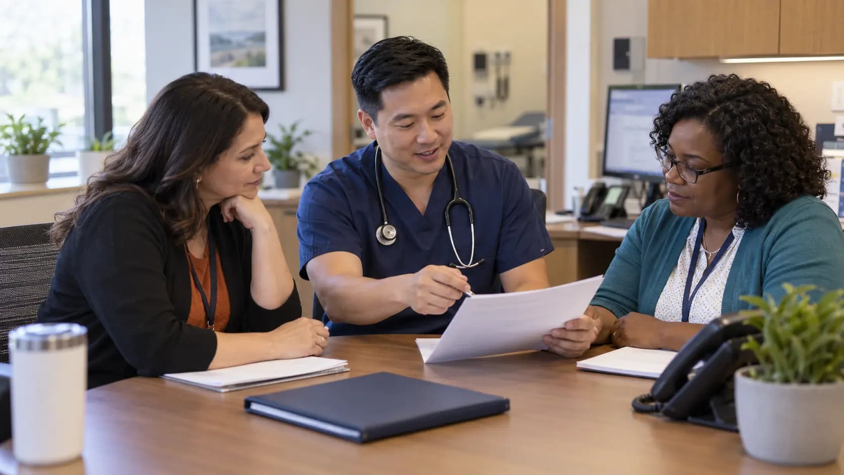 Practice manager and clinician reviewing payer requirements with a specialist