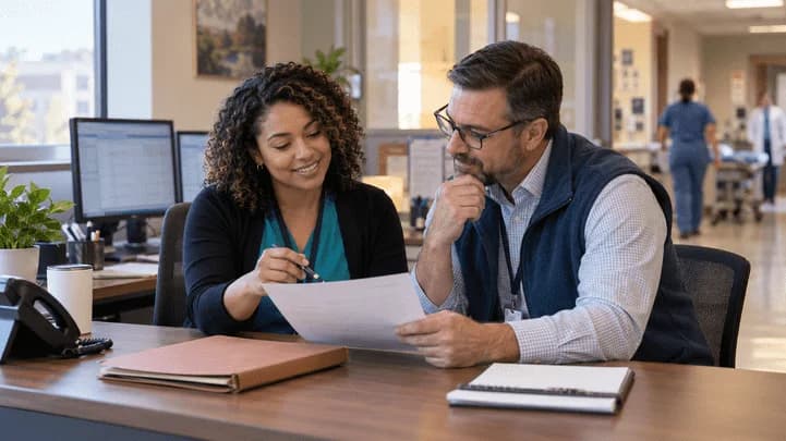Reimbursement analyst and revenue manager reviewing a payment variance
