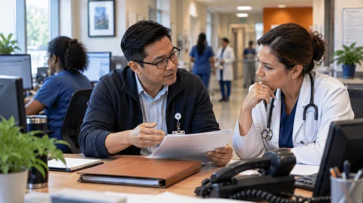 Medical coder and clinician resolving a claim detail together