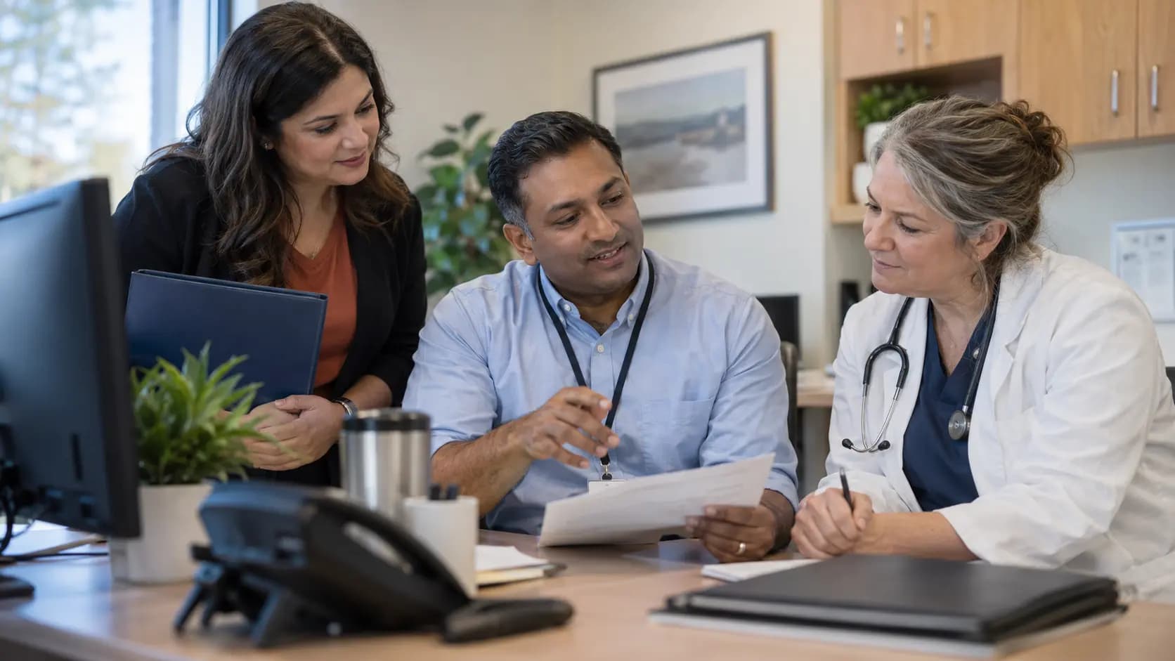 Practice manager and clinician reviewing payer requirements with a specialist