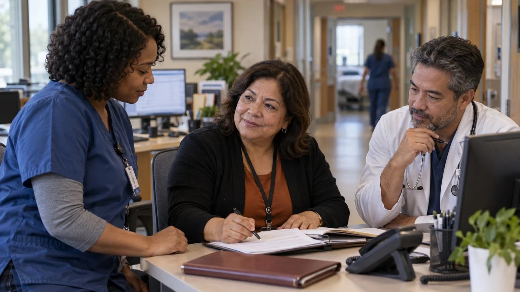 Patient-access coordinator and clinician resolving an authorization issue