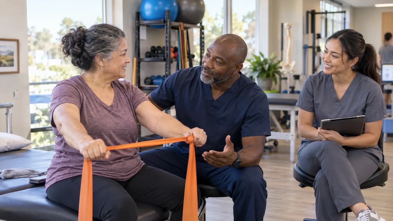 Physical Therapy clinician and patient sharing a warm, attentive moment in a clinic