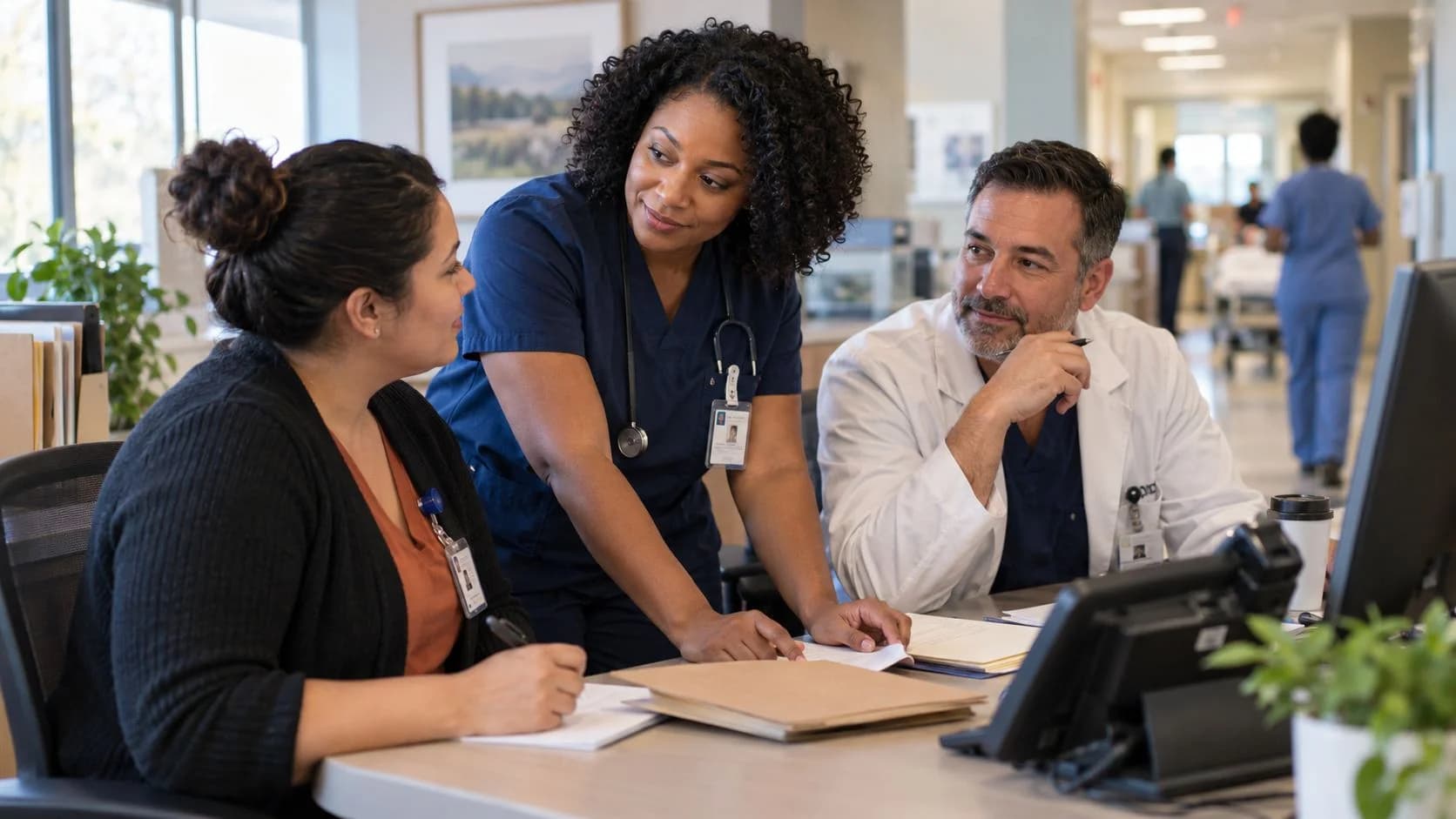 Patient-access coordinator and clinician resolving an authorization issue