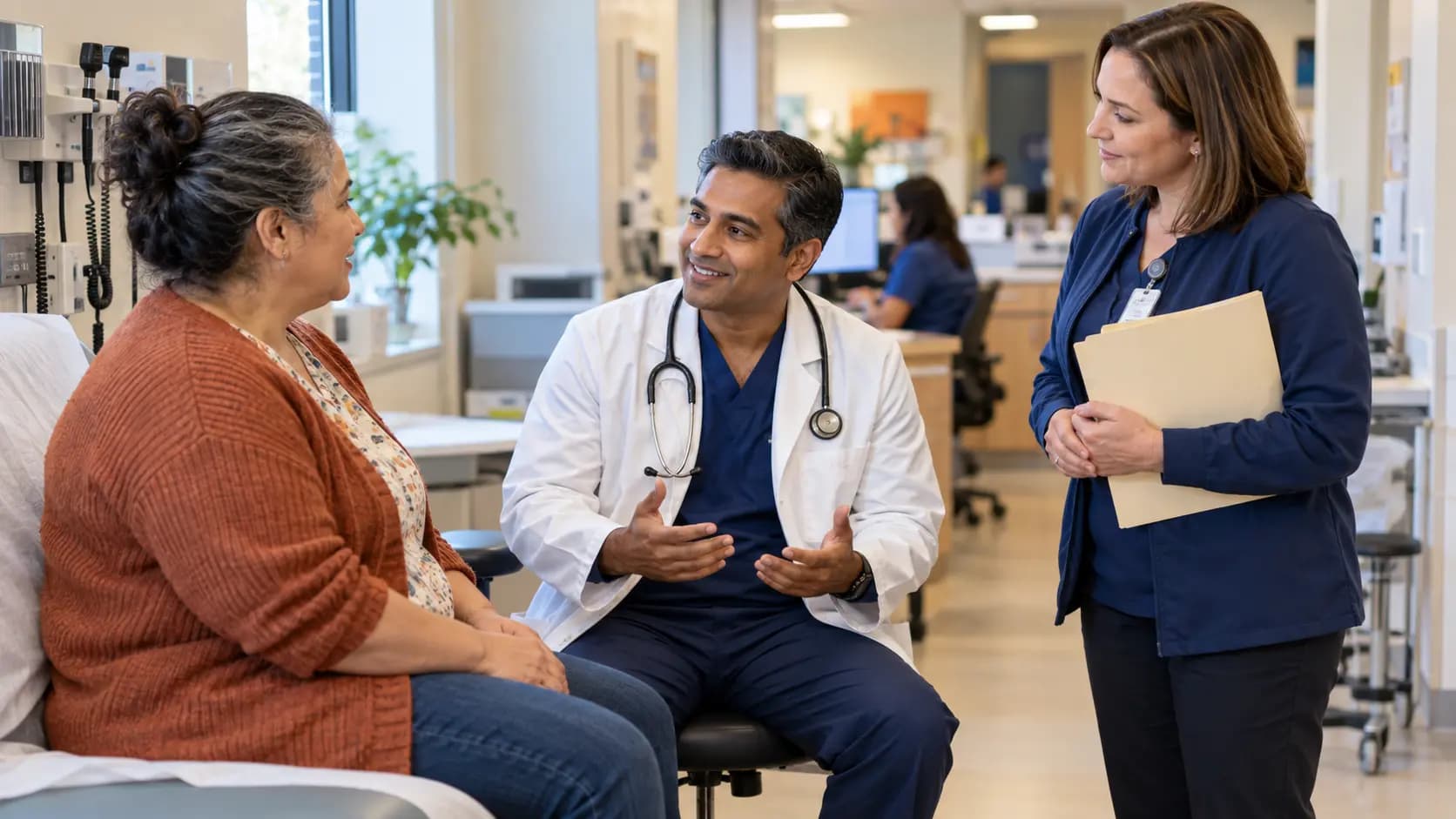 Clinician, patient, and healthcare colleague sharing a warm clinic interaction Clinician, patient, and healthcare colleague sharing a warm clinic interaction