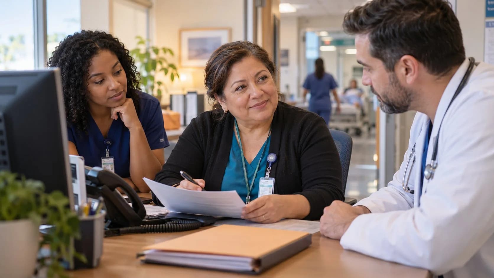 Patient-access coordinator and clinician resolving an authorization issue