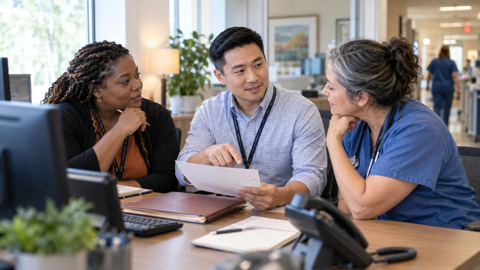 Denial-resolution specialist and clinician reviewing a claim together