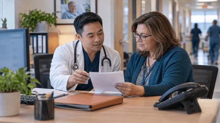 Denial-resolution specialist and clinician reviewing a claim together