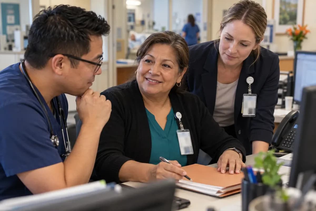 Revenue-cycle specialist and clinician resolving a billing workflow together