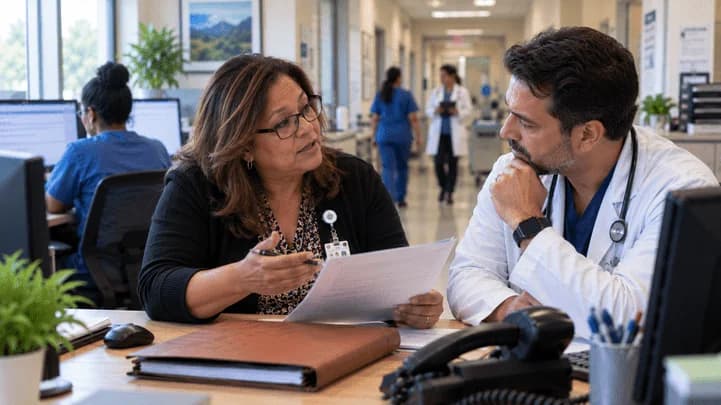 Medical coder and clinician resolving a claim detail together
