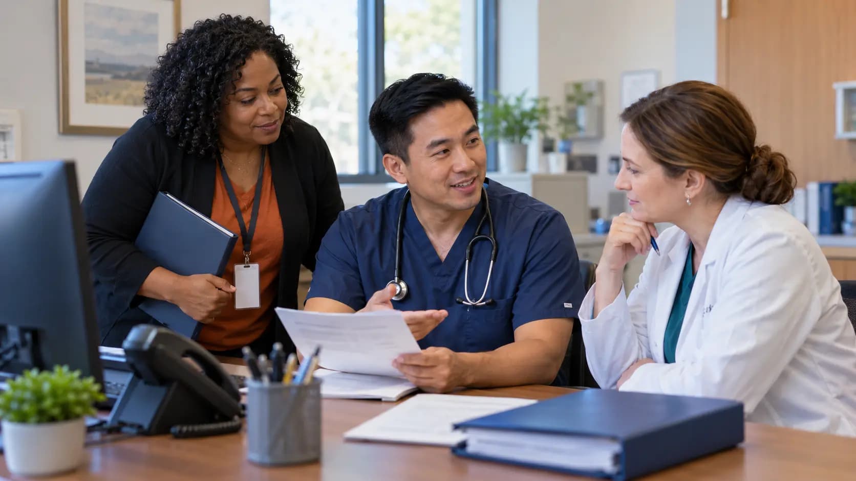 Practice manager and clinician reviewing payer requirements with a specialist
