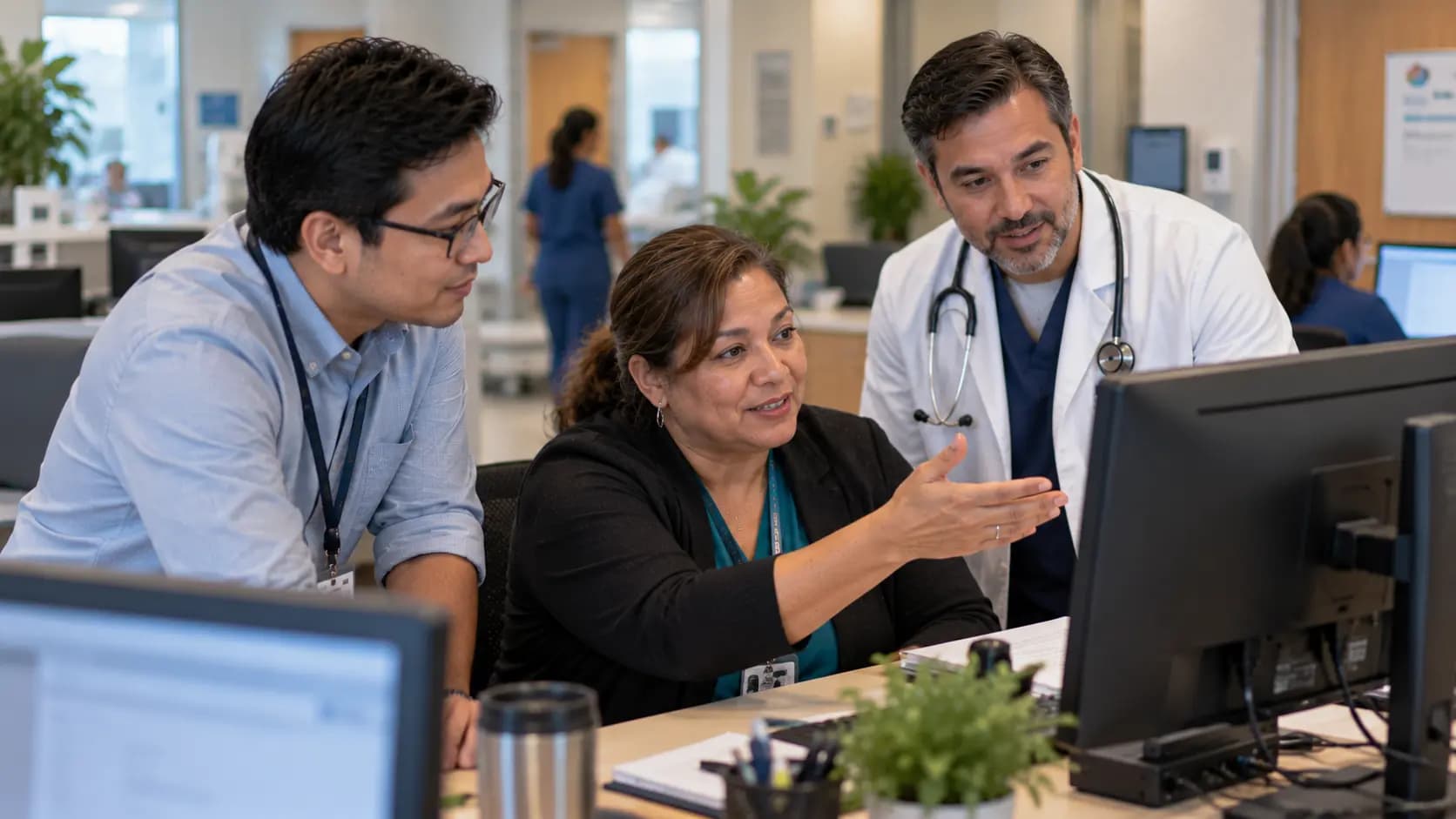 Clinician and informatics specialists collaborating at a normal workstation Clinician and informatics specialists collaborating at a normal workstation
