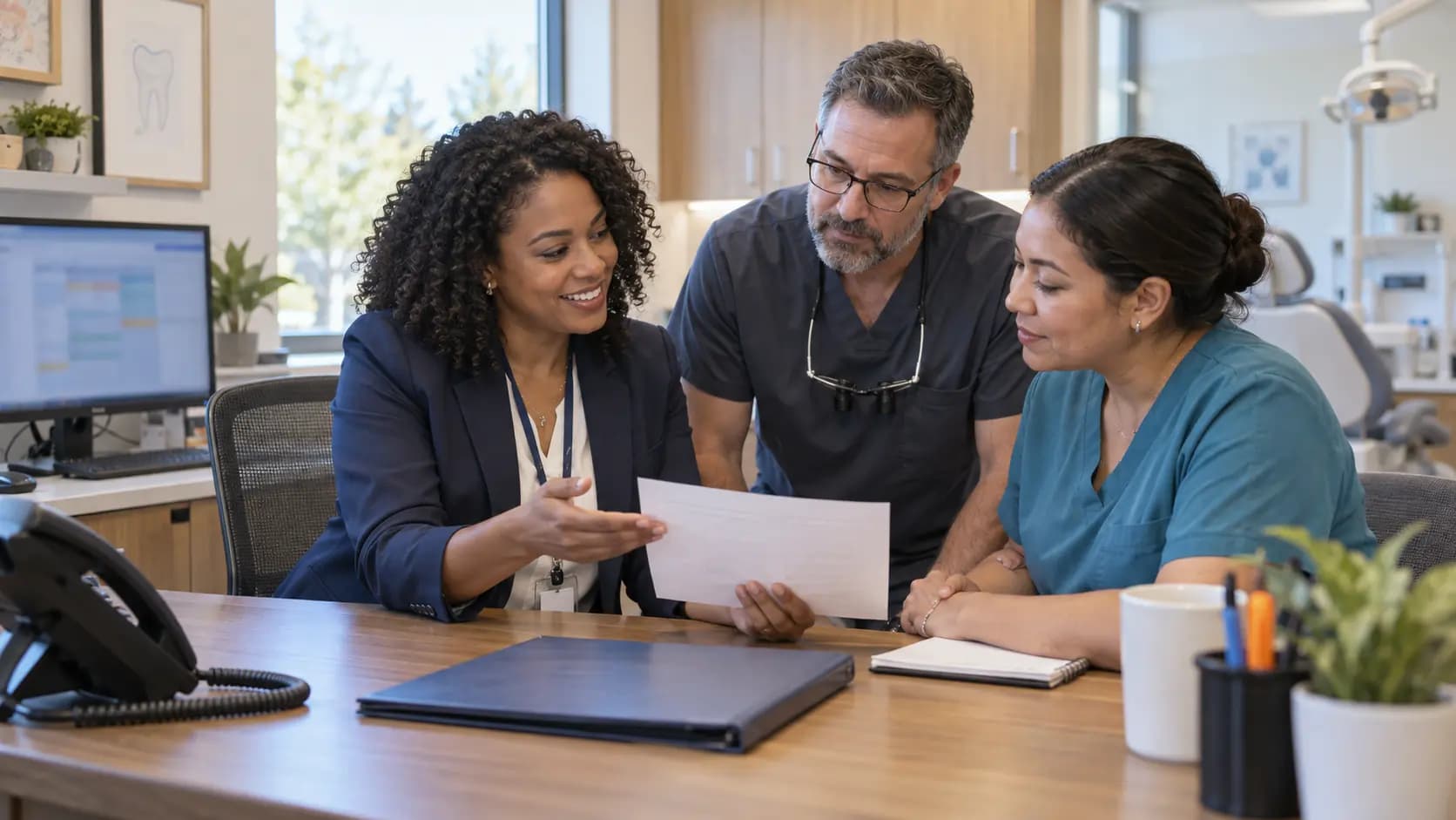 Practice manager and clinician reviewing payer requirements with a specialist