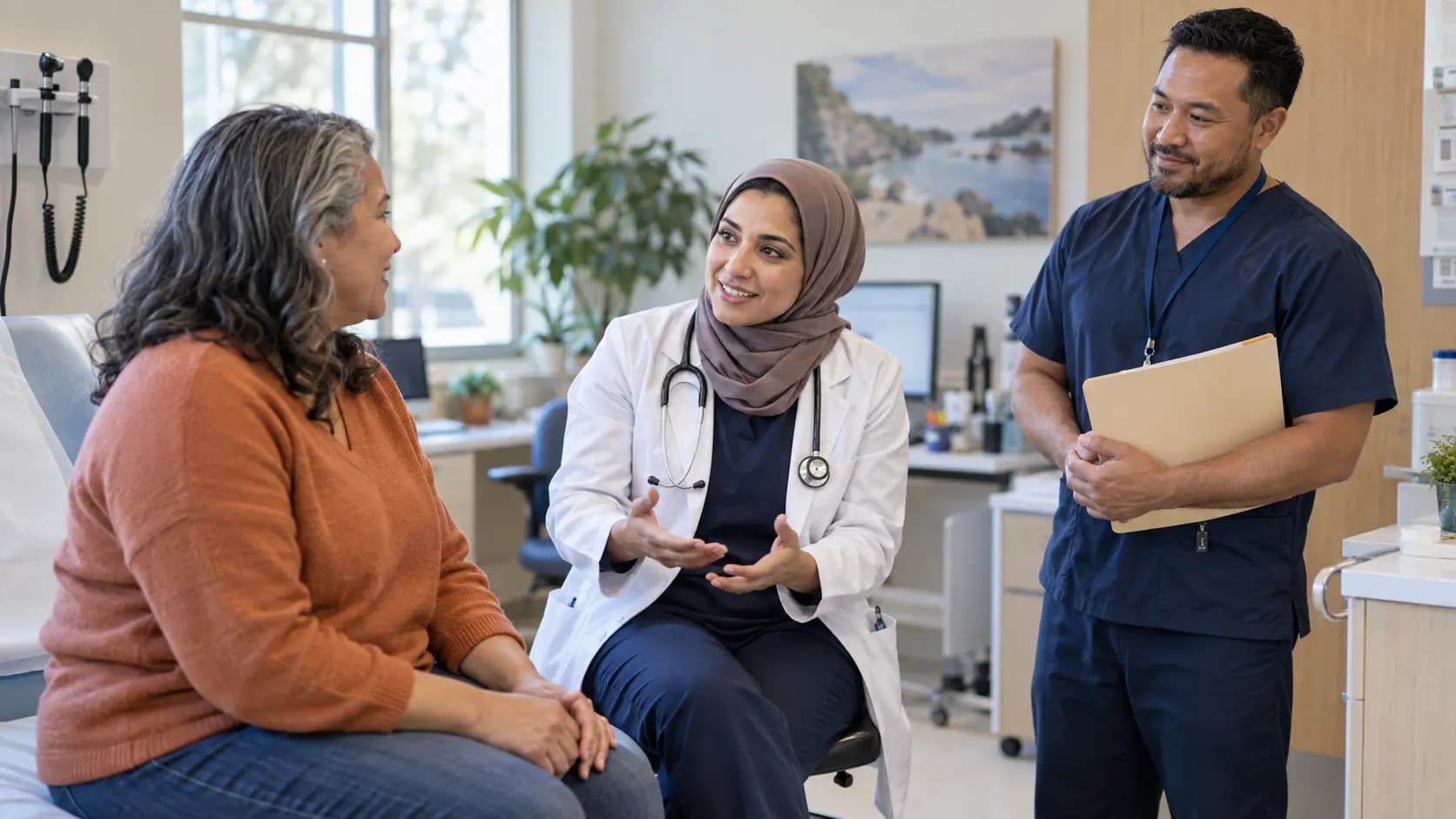 Clinician, patient, and healthcare colleague sharing a warm clinic interaction