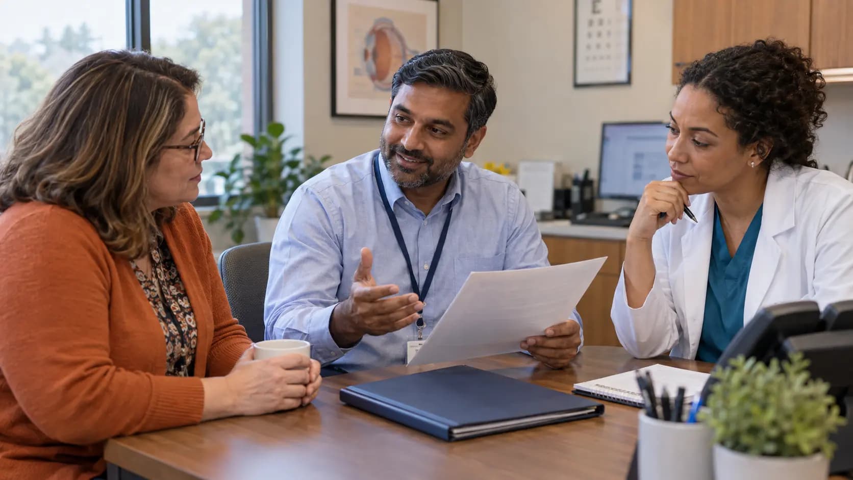 Practice manager and clinician reviewing payer requirements with a specialist