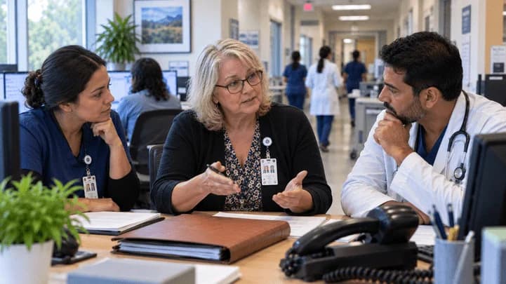 Patient-access coordinator and clinician resolving an authorization issue