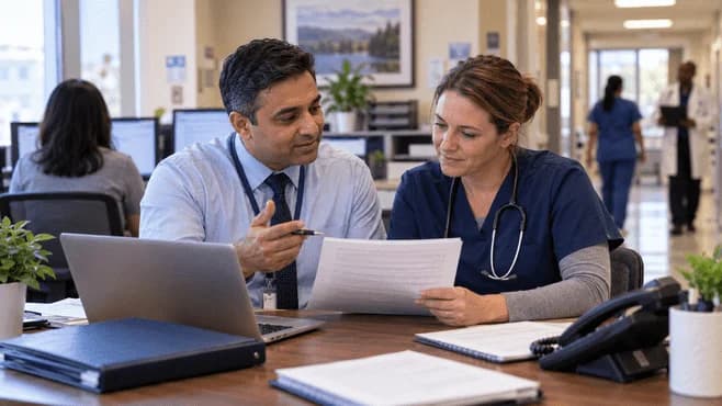 Medical coder and clinician resolving a claim detail together