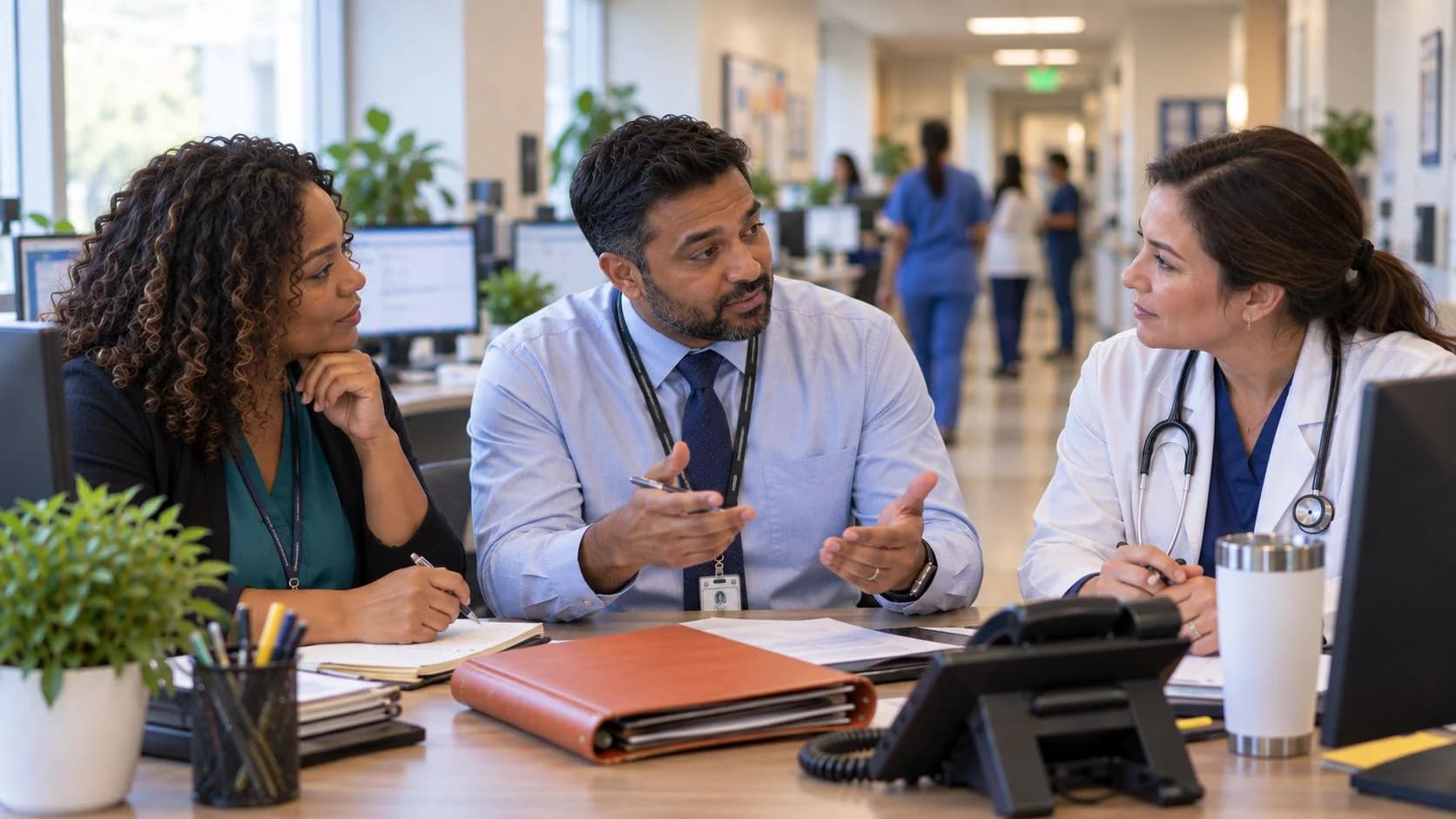 Denial-resolution specialist and clinician reviewing a claim together