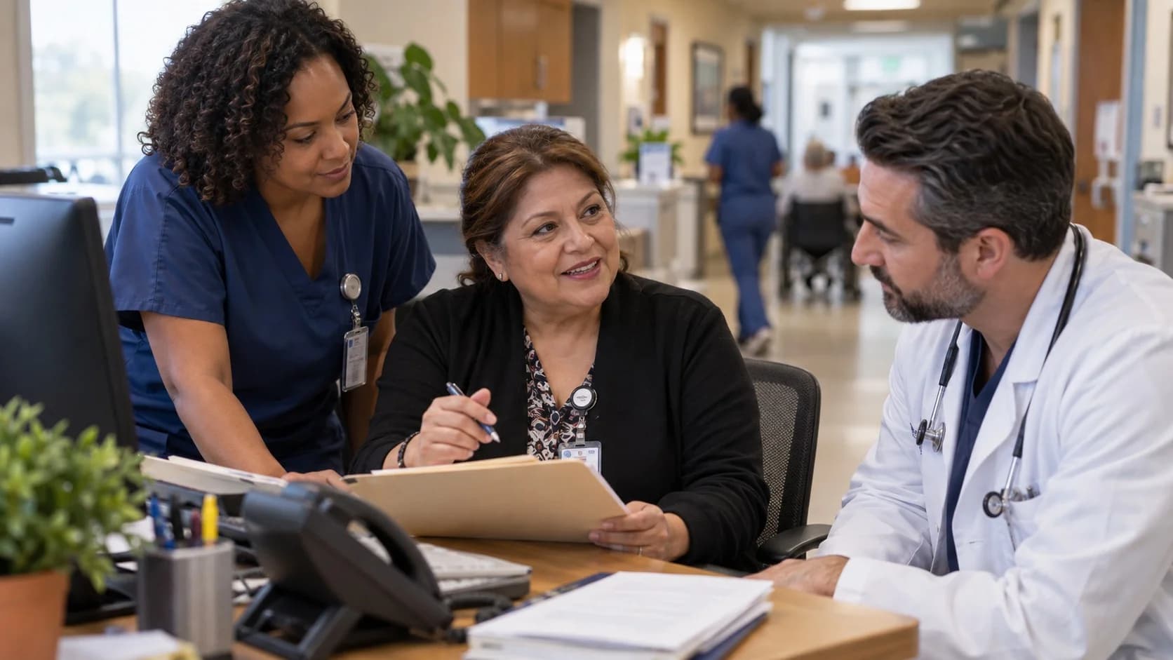 Patient-access coordinator and clinician resolving an authorization issue