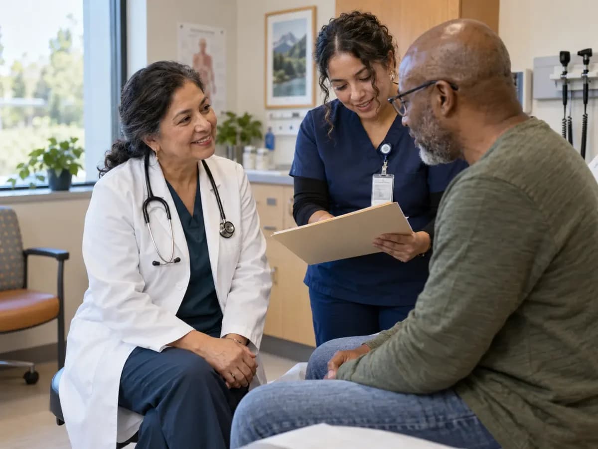 Infectious Disease clinician and patient sharing a warm, attentive moment in a clinic