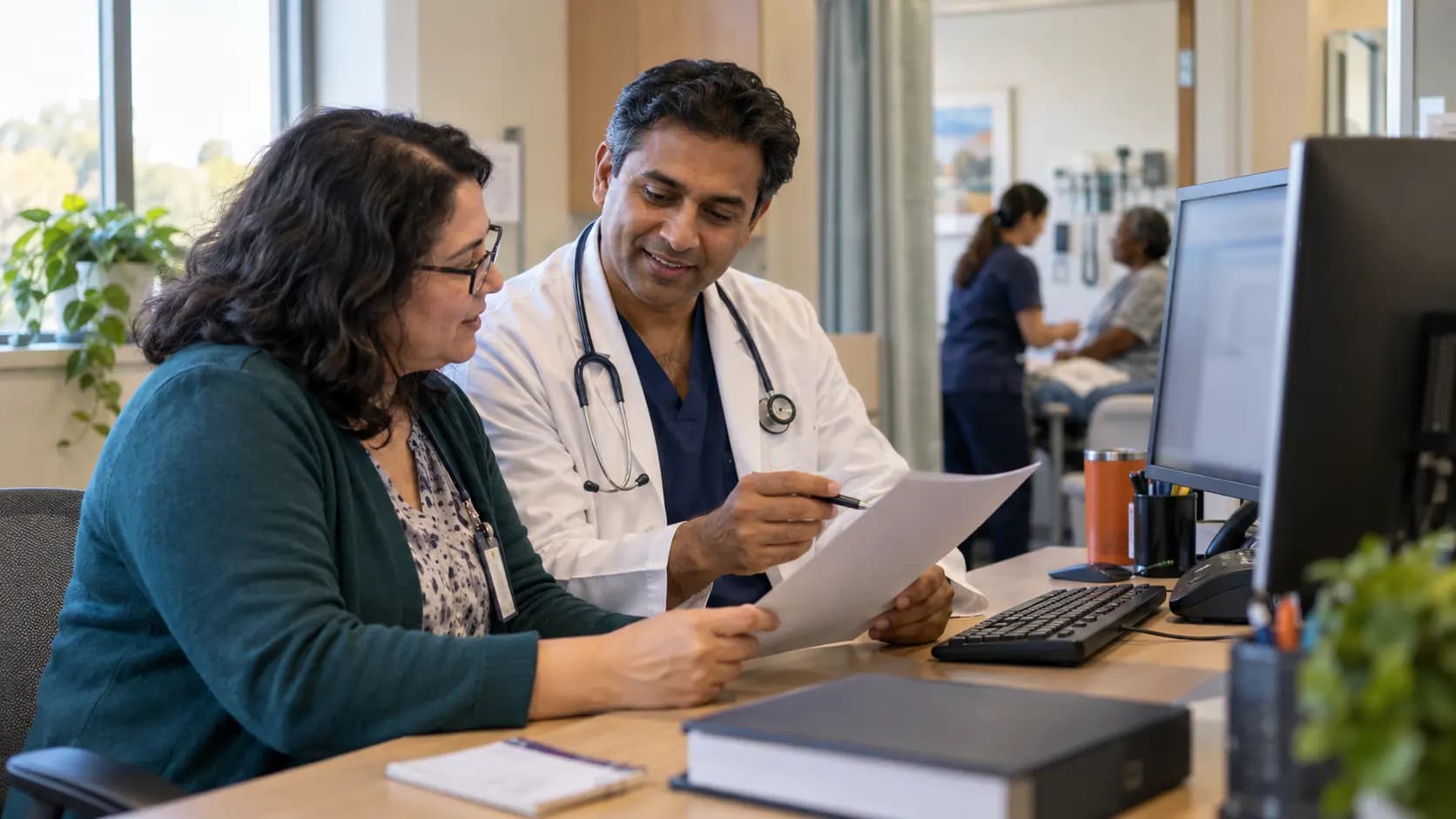 Medical coder and clinician resolving documentation together Medical coder and clinician resolving documentation together