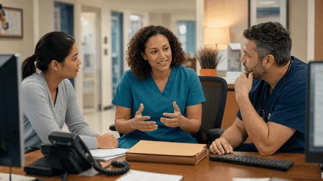 Patient-access coordinator and clinician resolving an authorization issue