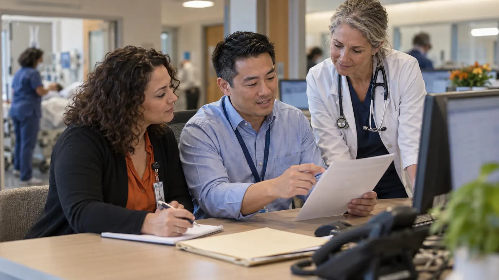 Revenue-cycle specialist and clinician resolving a billing workflow together Revenue-cycle specialist and clinician resolving a billing workflow together