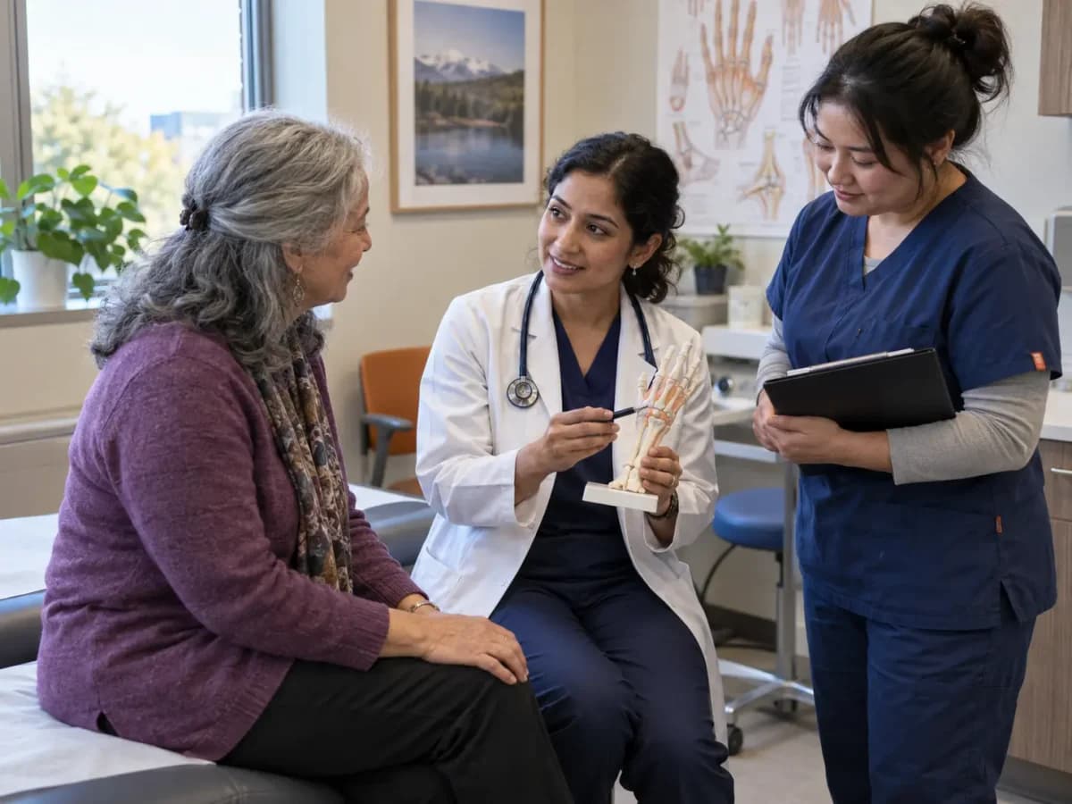 Rheumatology clinician and patient sharing a warm, attentive moment in a clinic