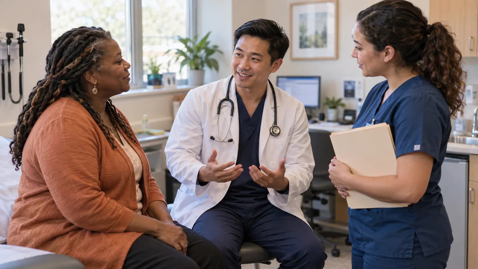 Clinician, patient, and healthcare colleague sharing a warm clinic interaction