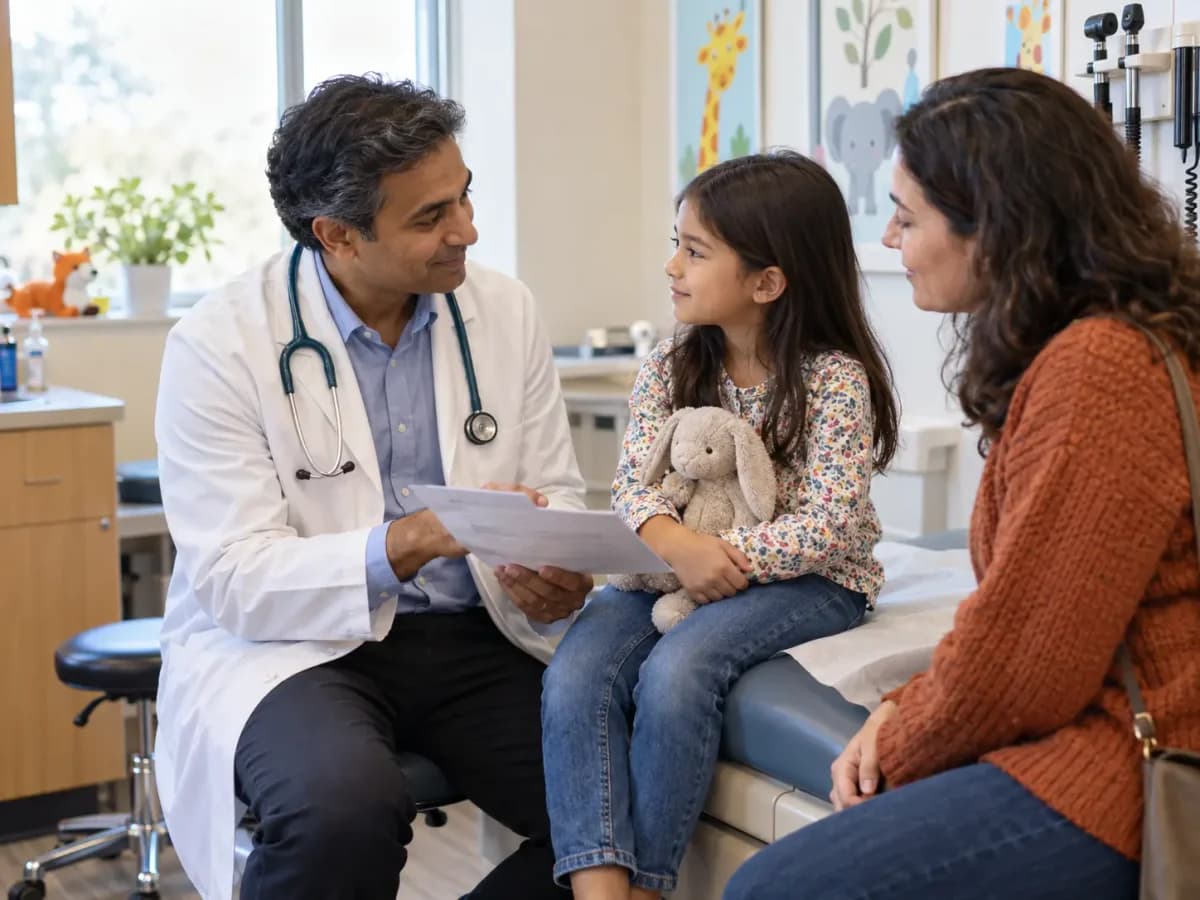 Pediatric clinician smiling gently with a child and guardian in an exam room