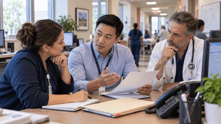 Denial-resolution specialist and clinician reviewing a claim together