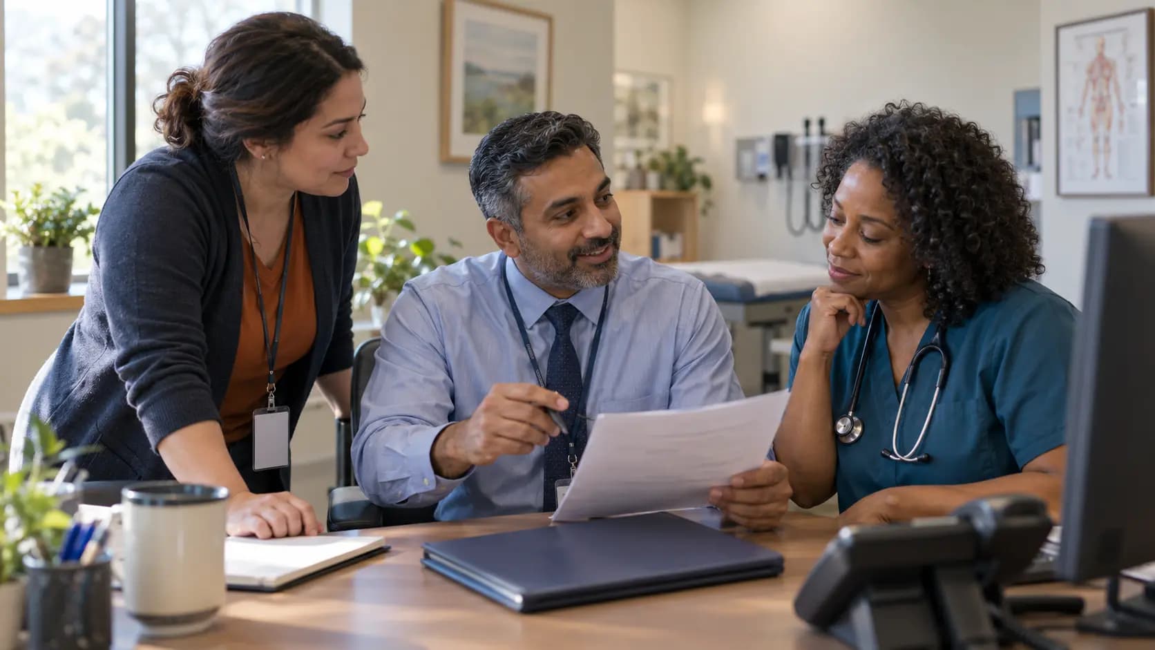 Practice manager and clinician reviewing payer requirements with a specialist