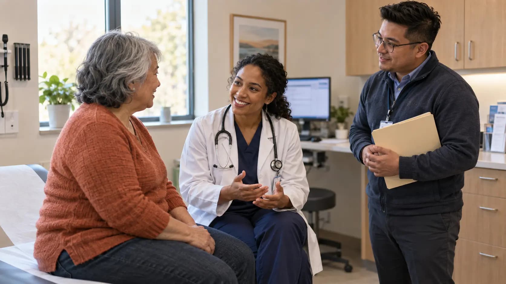 Clinician, patient, and healthcare colleague sharing a warm clinic interaction Clinician, patient, and healthcare colleague sharing a warm clinic interaction