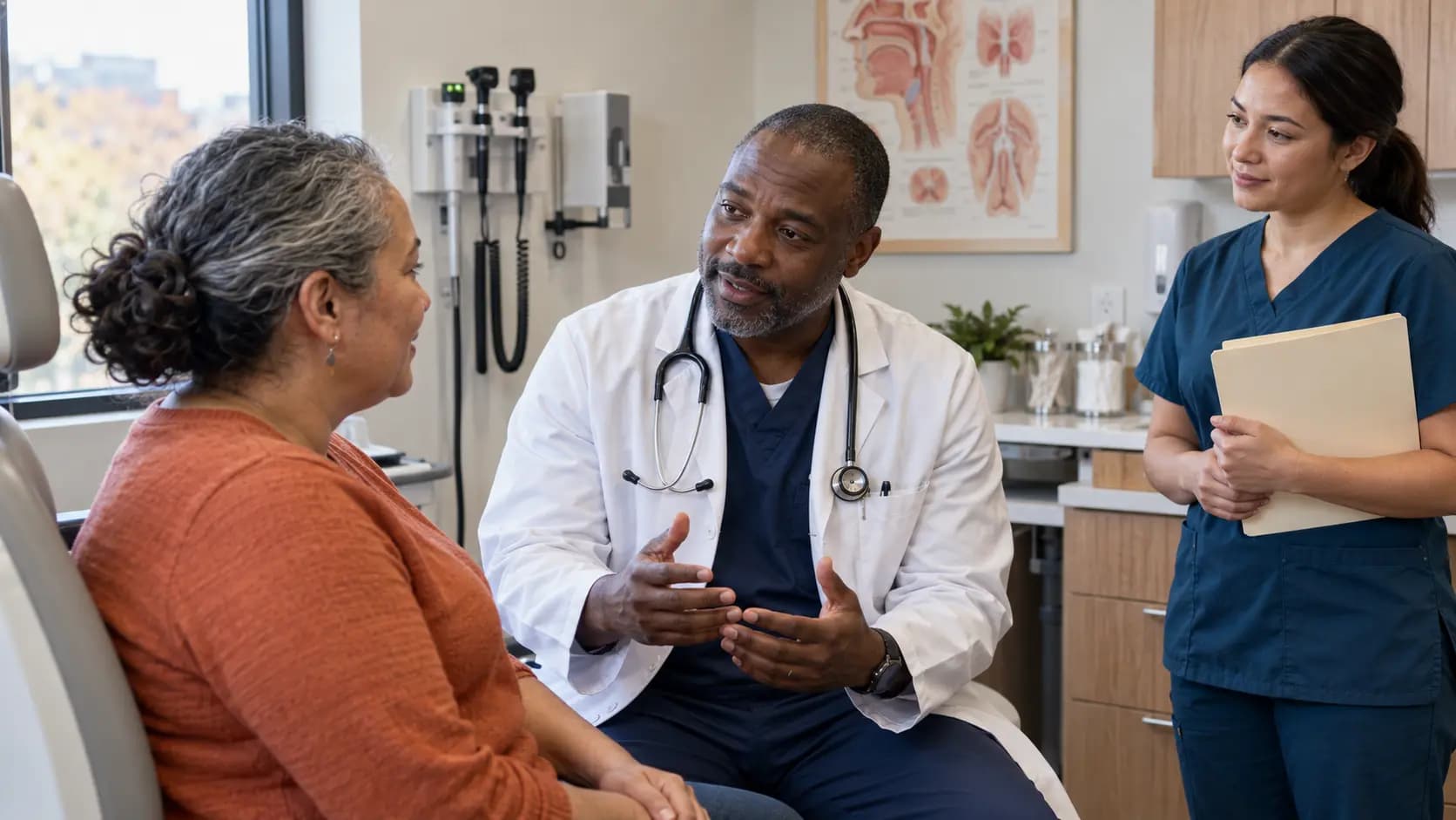 Ent clinician and patient sharing a warm, attentive moment in a clinic