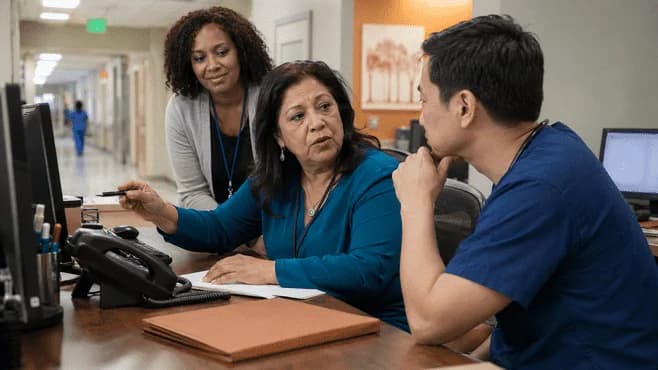 Medical coder and clinician resolving a claim detail together