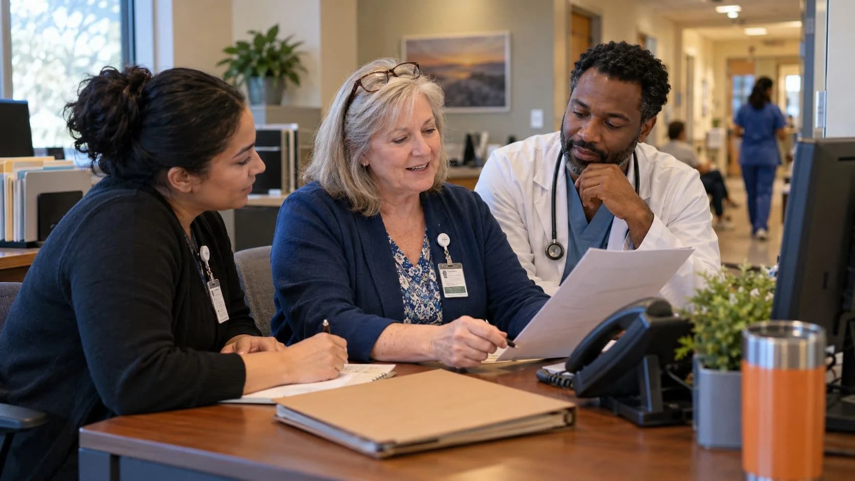 Patient-access coordinator and clinician resolving an authorization issue